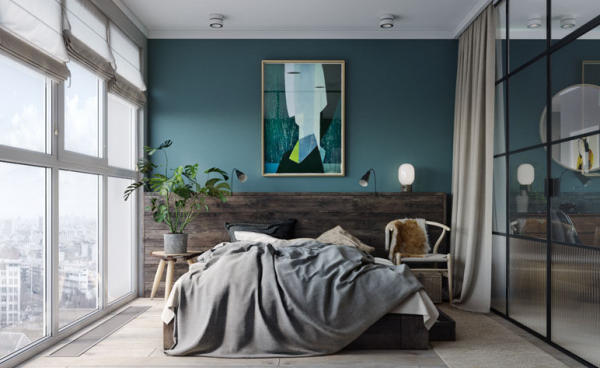 Dinding kamar dengan aksen dinding kaca berbingkai